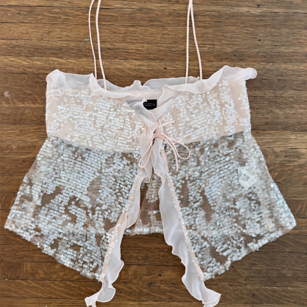 ZARA WOMAN STRAPPY SEQUINNED CAMISOLE TOPFRILLS BEIGE PINK M